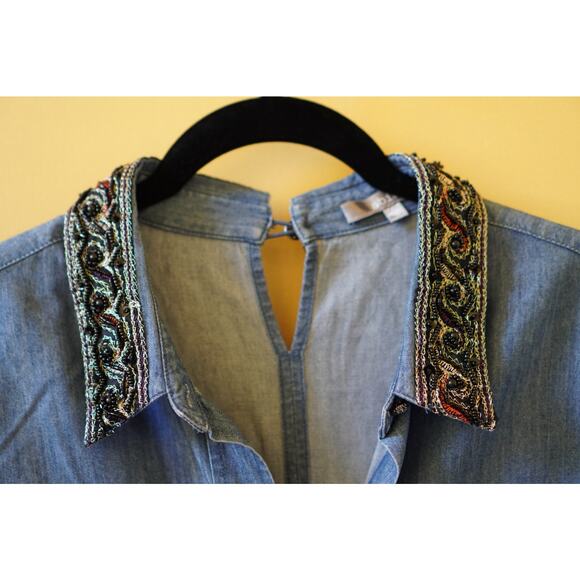 Abito Vintage Casual Denim Button Shirt Beaded Jacquard Collar Blue Small - Picture 3 of 10